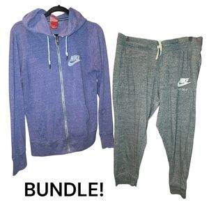 NIKE SPORTSWEAR Sz M Purple Logo Zip Sweater & Gray Logo Crop Pants Sz M